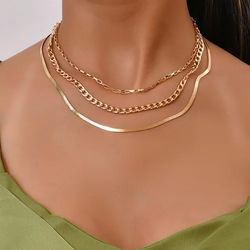 Vista 2 de Long tiantian Collar de espiga para mujer, collar de triple capa, gargantilla de cadena cubana, collar de cadena de serpiente para adolescentes