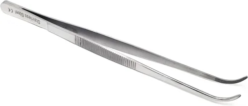 Vista 6 de Pinzas de precisión de acero inoxidable culinario profesional de 6 pulgadas con puntas dentadas, pinzas para servir con detalles de presentación