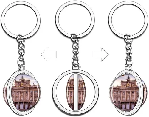 Vista 2 de Llavero del Palacio Real de Madrid de España, llavero de recuerdo de metal de cristal, cadena de acero inoxidable, regalo de viaje a la ciudad