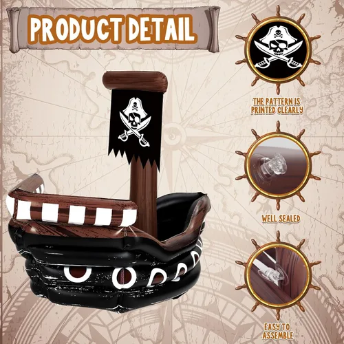 Vista 4 de Zhanmai Enfriador inflable de bebida de barco pirata, contenedor de comida inflable para verano, carnaval, Mardi Gras, fiesta de cumpleaños pirata