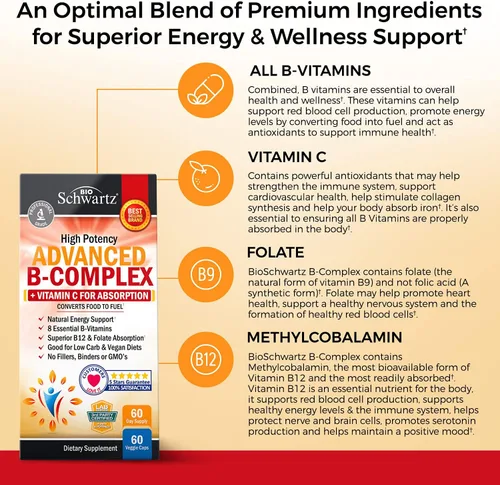 Vista 4 de Complejo de vitamina B con vitamina C para una máxima absorción – Metilcobalamina b12 y folato ácido fólico suplemento – Vitaminas B1 B2 B3 B5 B6 B7
