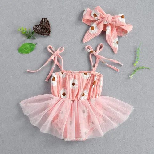 Vista 3 de Bebé recién nacido niña floral mameluco vestido de verano correas margaritas flores gasa tutú falda mono con diadema