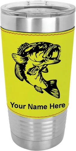 Vista 14 de LaserGram Vaso aislado al vacío de 20 onzas, pez bajo, grabado personalizado incluido (piel sintética, estilo béisbol)