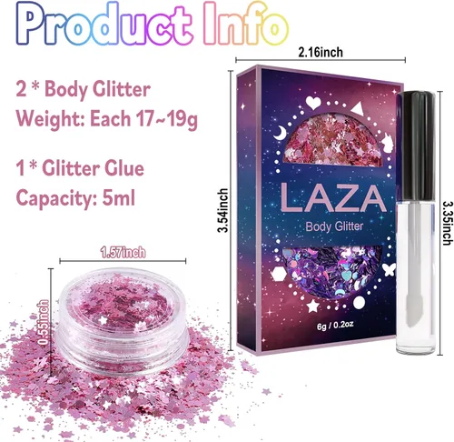 Vista 3 de Laza Purpurina corporal, 2 tarros de lentejuelas gruesas holográficas con pegamento de purpurina, perfecto para mujeres, sombra de ojos, maquillaje