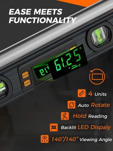 Vista 3 de Mecurate Nivel Digital de 10 Pulgadas, Herramienta de Nivel de Torpedo Profesional de Precisión Inteligente, Pantalla LCD Brillante, Alertas