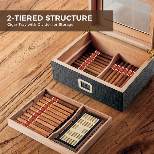 Vista 2 de Woodronic Humidor de puros para 80 unidades con higrómetro digital, bandeja y divisores forrados de cedro español, humidificador de gel de cristal