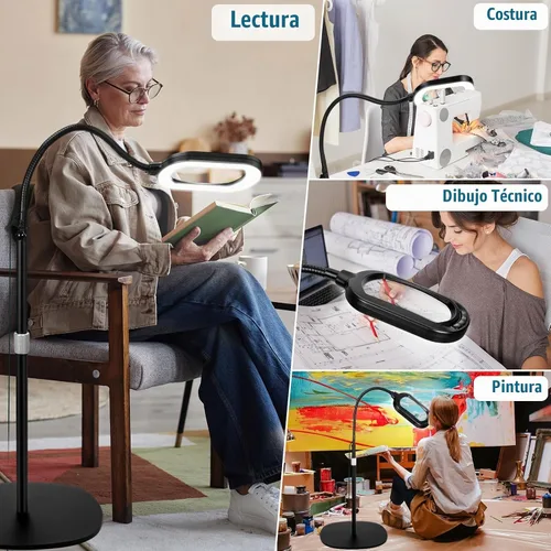 Vista 8 de Lupa grande con luz y soporte, lente de vidrio real óptico rectangular de 10X, lámpara de pie de lupa de cuello de cisne ajustable en altura, 5 Negro