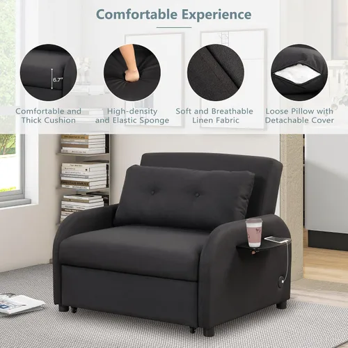 Vista 5 de Sofá cama extraíble 3 en 1, sofá cama convertible con 2 bolsillos laterales para mesa de ala y carga USB para tela de línea de siesta para sala