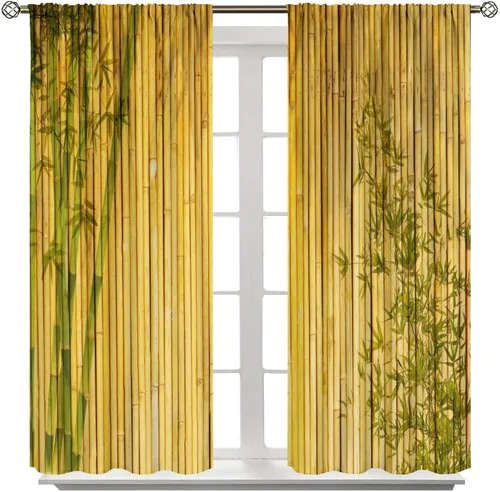 Vista 2 de Cortinas con estampado de bambú, asiático, japonés, naturaleza, bambú, elegante, bronceado, hogar, decoración para sala de estar, dormitorio