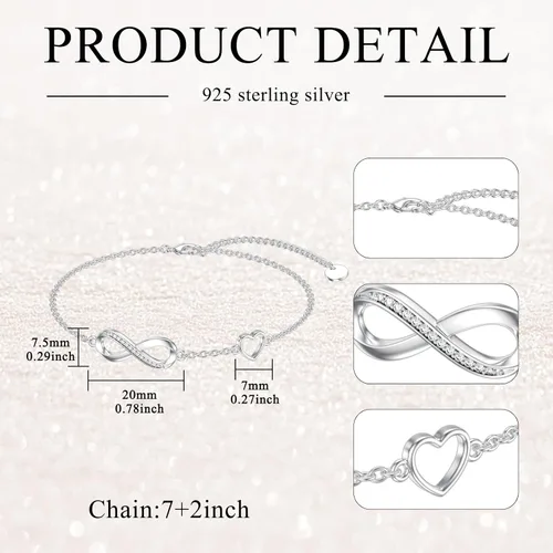 Vista 5 de Pulsera de corazón infinito de diamantes para mujer, plata de ley 925, pulsera de eslabones infinitos para el día de la madre, Navidad, regalos