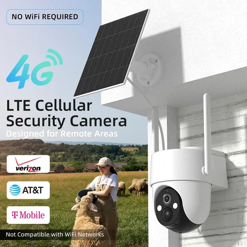 Vista 2 de Rraycom Cámara de seguridad celular 4G LTE inalámbrica para exteriores, sin WiFi, con energía solar, vista en vivo de 360°, visión nocturna a