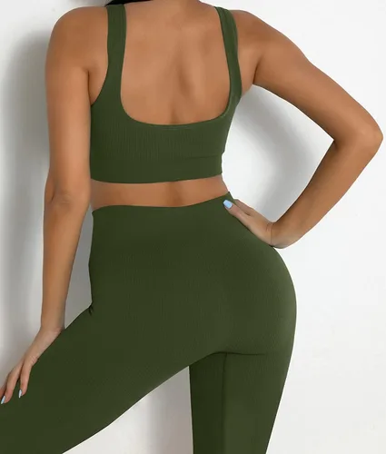 Vista 3 de Conjuntos de entrenamiento para mujer, 2 piezas, sin costuras, acanalados, sin mangas, pantalones cortos de cintura alta, trajes de yoga