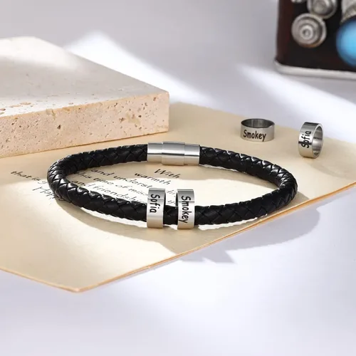 Vista 3 de Pulsera personalizada con nombres trenzados negros para hombre, hecha a medida con abalorios, joyería inspiradora familiar, regalo para papá, Cuero