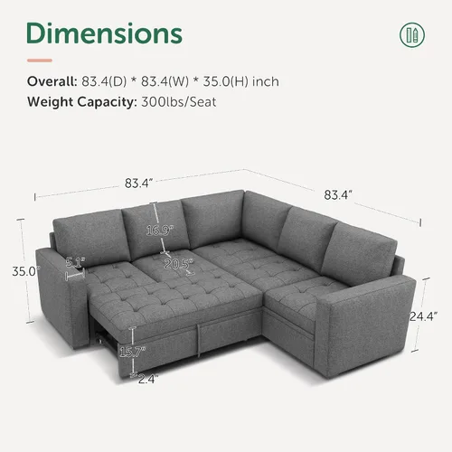 Vista 2 de HONBAY - Sofá seccional modular con cama desplegable, sofá convertible de lino en forma de L con asiento de almacenamiento, sofás seccionales