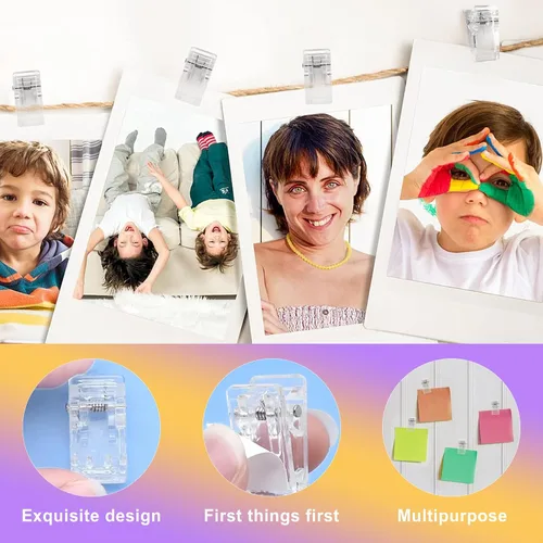 Vista 3 de Paquete de 30 clips adhesivos transparentes para pared, ganchos para tiras de comando, ganchos pequeños para colgar fotos, carteles, tapices