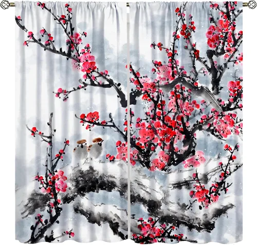 Vista 11 de Cortina asiática, flor de cerezo japonés, montañas brumosas de ciruelo rojo asiático, pintura de tinta tradicional, paisaje chino oriental