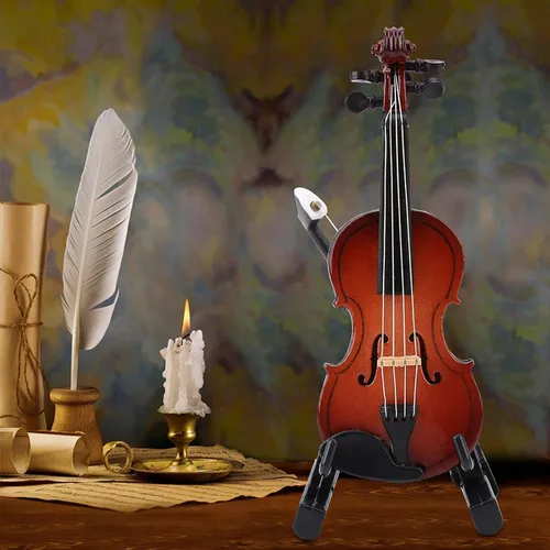 Vista 7 de Violonchelo miniatura de madera con soporte, arco y estuche Mini instrumento musical en miniatura modelo de casa de muñecas para decoración del hogar
