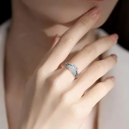 Vista 4 de Anillo cuadrado de diamantes de imitación para mujer anillo de compromiso con circonita cúbica joyería elegante Plata Esterlina Silicona