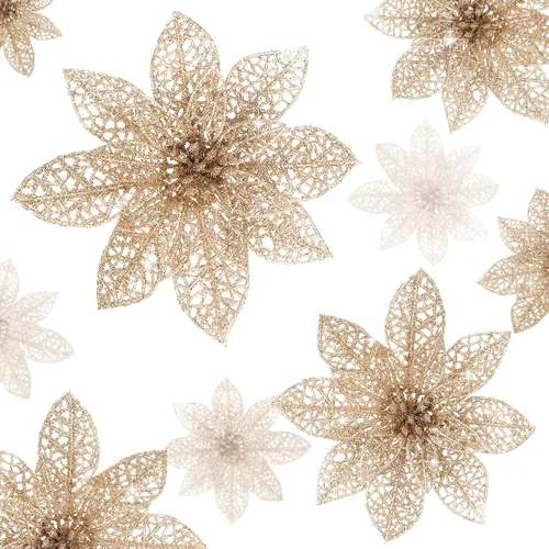 Vista 15 de Wironlst 24 piezas de flores de pascua con purpurina para árbol de Navidad, arbustos de nochebuena brillantes, decoraciones de Navidad para Navidad