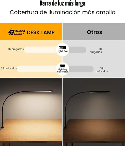 Vista 3 de SUPERDANNY Lámpara de escritorio LED para cuidar la vista con cuello de cisne flexible de 360° con abrazadera lateral de escritorio, control táctil