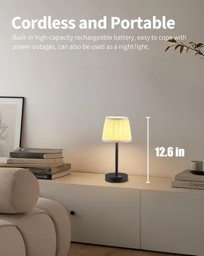 Vista 2 de PUSU Juego de 2 lámparas de mesa LED inalámbricas negras, lámpara de cabecera recargable de 4000mAh regulable de 3 vías con pantalla de tela