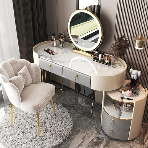 Vista 10 de Tocador para mujer, juego de mesa de maquillaje con 3 cajones, tocador con espejo iluminado y silla, bancos de tocador para ella