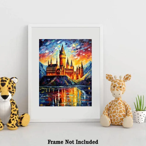Vista 4 de Bestbuddy Pet 8 x 10 sin marco noche estrellada inspirada en el castillo medieval Edad Media Fantasía Europa Familia pintura al óleo impresión arte