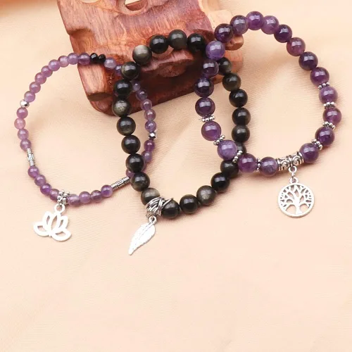 Vista 3 de UEUC - Pulseras Reiki, apilables, de piedras curativas, cristales, con dije del árbol de la vida, yoga y hoja de loto, contra la ansiedad