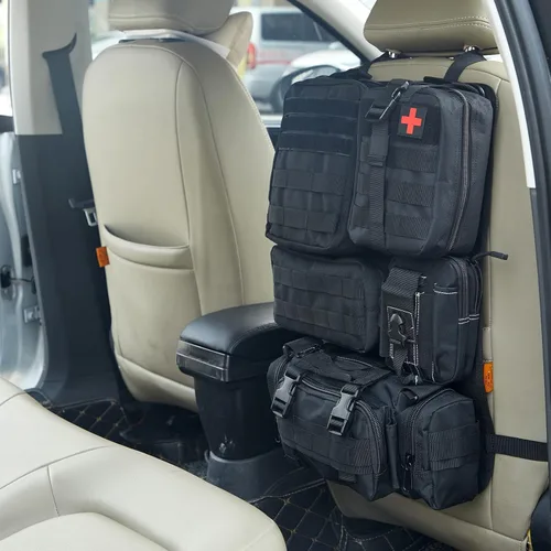 Vista 4 de Organizador táctico universal para respaldo de asiento, panel Molle para vehículo, bolsa de almacenamiento con 5 bolsas Molle desmontables