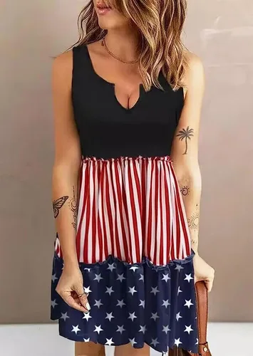 Vista 2 de CHUNTIANRAN Mini vestido con volantes y rayas verticales de la bandera americana, vestido patriótico del 4 de julio, vestido casual sin mangas