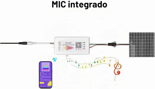 Vista 4 de SP107E Controlador de tira LED Bluetooth, controlador LED de música con AUX y micrófono - Compatible con WS2811 WS2812B SK6812-RGBW APA102 DMX512
