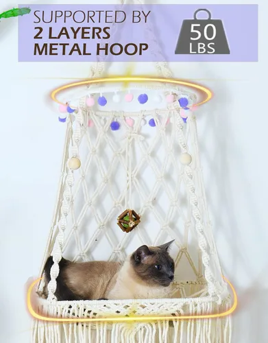 Vista 2 de KARCEEY Cama colgante para gatos, hamaca de macramé para gatos, cama columpio bohemia con alfombrilla de hierba gatera