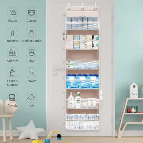 Vista 6 de Organizador de puerta con 6 bolsillos extra grandes, 12 bolsillos laterales, estante de almacenamiento resistente para armario, organizador de Beige