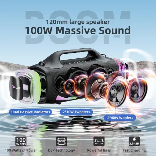 Vista 2 de ZEALOT Altavoz Bluetooth, altavoces de sonido en auge de 120 W, inalámbrico, doble emparejamiento, XBass, Bluetooth 5.3, 24000mAh, altavoz portátil