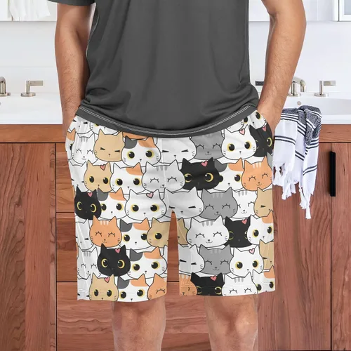 Vista 7 de Pantalones cortos de pijama de gatos negros lindos para hombre, pantalones cortos de dormir súper suaves con cordón y bolsillos