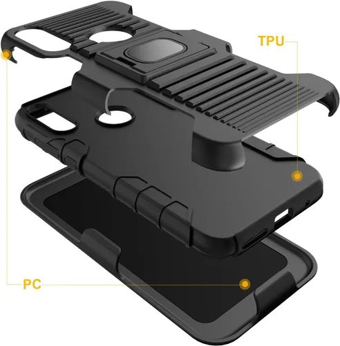Vista 7 de Funda con clip para Moto E 2020, Nakedcellphone Black Rugged Cover [con soporte de agarre para dedos] + [placa de montaje integrada] +