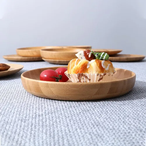 Vista 5 de Platos redondos de madera de 7.5 pulgadas para alimentos, platos de bambú reutilizables, platos de cena para mesa, 2 piezas de platos de madera