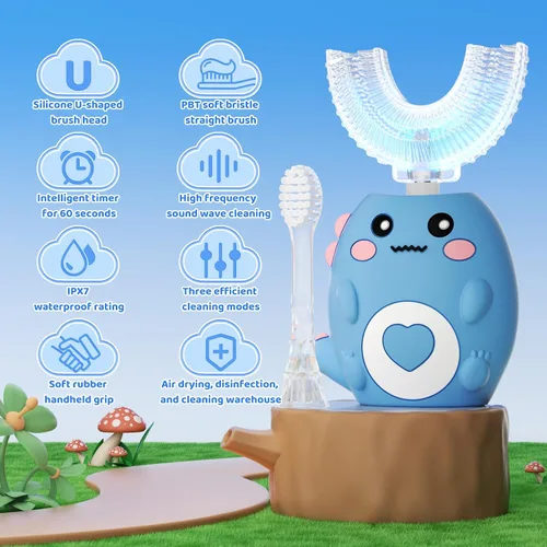 Vista 2 de Cepillo de dientes eléctrico en forma de U para niños, con 3 modos de limpieza, con 4 cabezales de cepillo, cepillo de dientes automático sónico