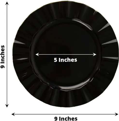 Vista 108 de Tableclothsfactory Paquete de 10 platos redondos de plástico negro de 6 pulgadas para ensalada de postre, platos desechables con borde ondulado