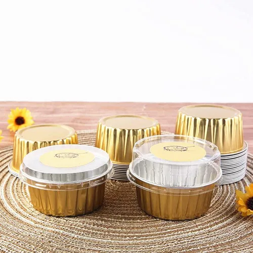 Vista 4 de Paquete de 100 tazas de papel de aluminio para hornear con tapas, tazas de postre de 5 onzas, moldes para magdalenas, moldes desechables para Oro