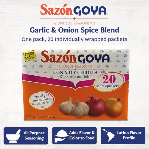 Vista 3 de Goya Sazon Ajo Y Cebolla 3.5 oz Latin Spice Blend for Poultry, Seafood, Meat and Vegetables, All Purpose Mexican Seasoning, 3.52oz Carton, Quality