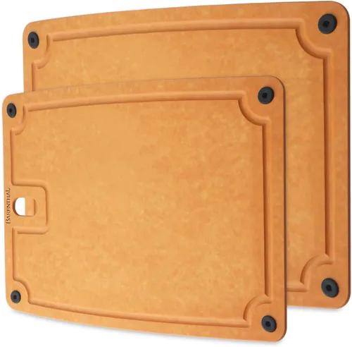 Vista 11 de Juego de 2 tablas de cortar para cocina, aptas para lavavajillas, ecológicas, tabla de cortar reversible con asas y ranuras para jugos, tabla