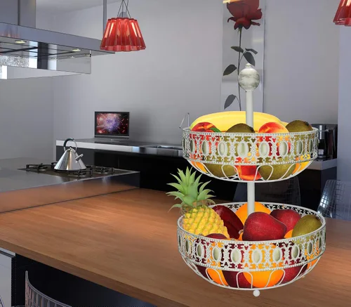 Vista 6 de ROSYLINE Cesta de frutas de 2 capas, adecuado para cocina, decoración de mesa de comedor y almacenamiento (bronce cepillado blanco)