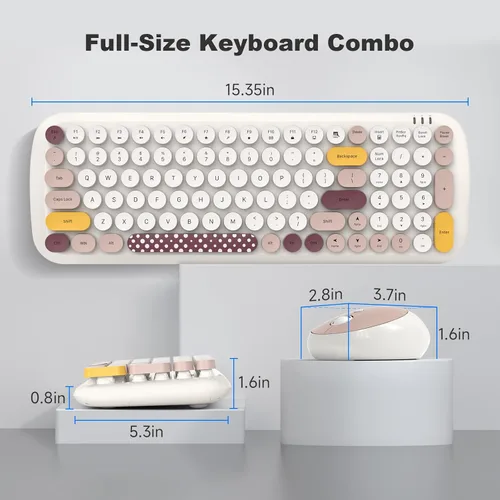 Vista 6 de MOWUX - Combo de teclado y mouse inalámbricos, diseño compacto moderno, colorido mouse compacto y teclado redondo retro con tapa, para PC/laptop