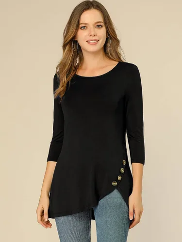 Vista 4 de Allegra K Túnica para mujer, ajuste holgado, cuello redondo, manga 34, manga 34