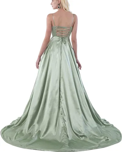 Vista 2 de Vestidos largos de graduación con tirantes delgados fruncidos de satén con espalda abierta, vestido formal de noche con abertura