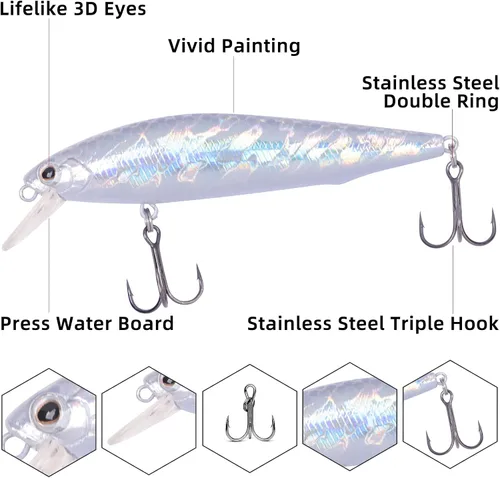Vista 3 de Minnow Crankbait 2 Hook Jerkbaits Buceo Lento Bass Pesca Señuelo Duro Sets