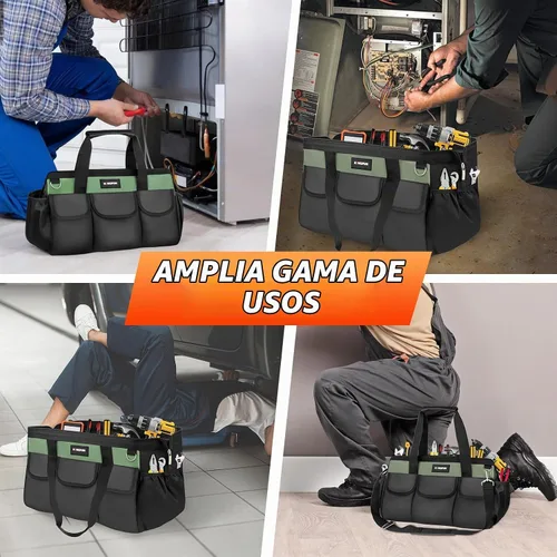 Vista 8 de Kingfun Bolsa de herramientas resistente de 16 pulgadas con 14 bolsillos, organizador de bolsa de herramientas de boca ancha con correa de hombro