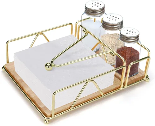 Vista 8 de Servilleteros para servilletas de papel, servilletero plano con base de madera, cesta de servilletas de acero inoxidable negro para cocina, fiesta