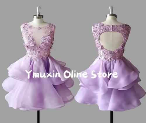 Vista 5 de Vestido corto de tul con apliques de encaje para adolescentes, cuello en V, vestido de cóctel acampanado
